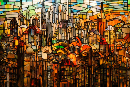 A stained glass city background created with generative AI technologyの素材