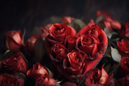 Beautiful red roses in shape of a heart valentine background created with generative AI technologyの素材