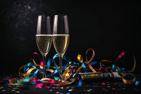 Champagne glasses and colourful streamers and glitter confetti on a happy new year background created with generative AI technologyの素材