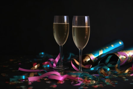 Champagne glasses and colourful streamers and glitter confetti on a happy new year background created with generative AI technologyの素材