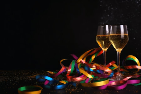 Champagne glasses and colourful streamers and glitter confetti on a happy new year background created with generative AI technologyの素材