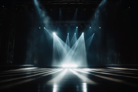 Empty stage with light beams background created with generative AI technologyの素材
