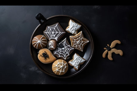 Top view on spooky halloween cookies on a dark background created with generative AI technologyの素材