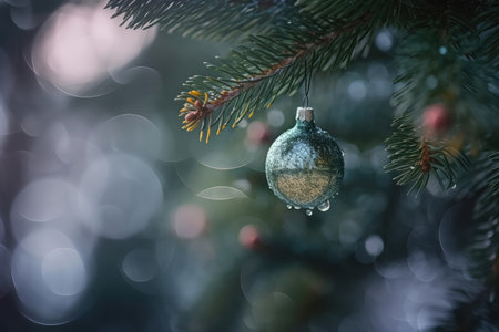 View of Christmas tree decorations on a green coniferous tree with some snow and soft bokeh lights in the background created with generative AI technologyの素材
