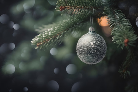 View of Christmas tree decorations on a green coniferous tree with some snow and soft bokeh lights in the background created with generative AI technologyの素材