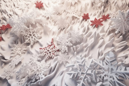 View from above of a snow surface with Christmas motifs created with generative AI technologyの素材