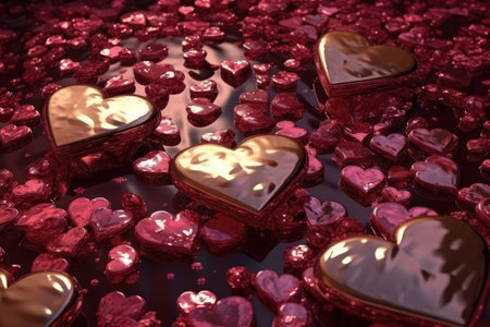 View from above of a glittering surface with Valetine's day motifs created with generative AI technologyの素材