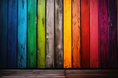Wooden planks in rainbow colors background texture created with generative AI technologyの素材