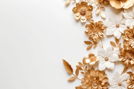Golden flowers border on a white background created with generative AI technologyの素材