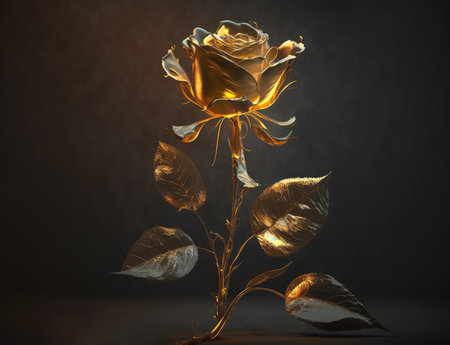 A long-stemmed rose with golden petals against a dark background created with Generative AI technologyの素材