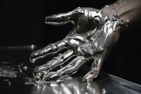 Male human hand made of liquid metal created with generative AI technologyの素材