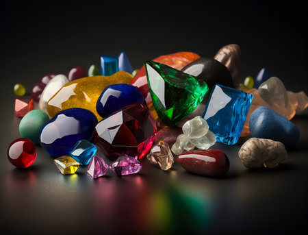 Many different coloured gemstones on a dark table created with generative AI technologyの素材