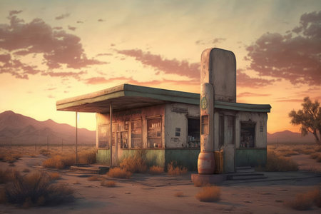 An old abandoned petrol station on a road in the desert created with generative AI technologyの素材