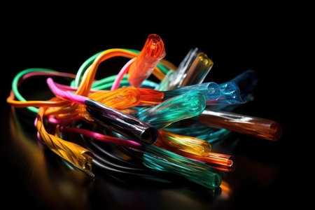 A bundle of brightly coloured fibre optic cables created with generative AI technologyの素材