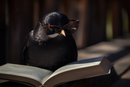 A blackbird wearing sunglasses and reading a book created with generative AI technologyの素材