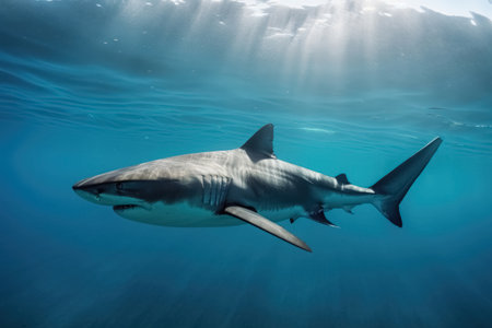 A big shark in the shallow water of the ocean created with generative AI technologyの素材