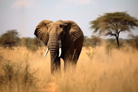 A big elephant bull in the savannah created with generative AI technologyの素材