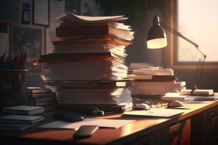 A desk with huge piles of files on it created with generative AI technologyの素材