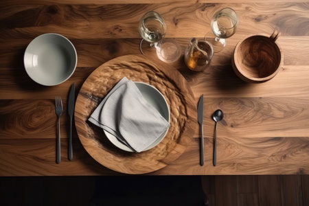 A dinner table made of rustic oak wood created with generative AI technologyの素材