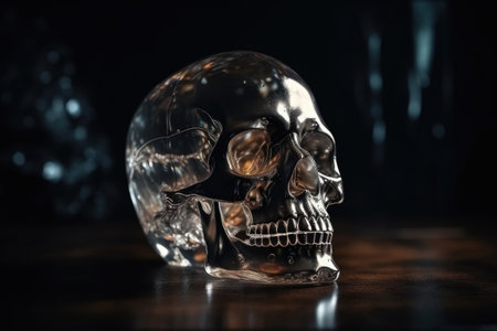 A crystal skull in a dark cave created with generative AI technologyの素材