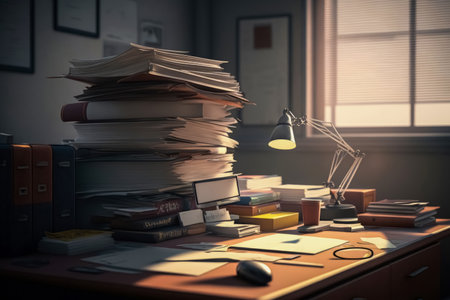 A desk with huge piles of files on it created with generative AI technologyの素材
