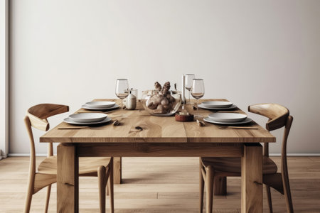 A dinner table made of rustic oak wood created with generative AI technologyの素材