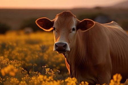 A cow on a field with some flowers created with generative AI technologyの素材