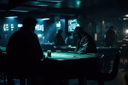 A dark room with the silhouettes of people gambling created with generative AI technologyの素材