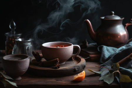 A cosy tea scenario concept with steaming tea in a cup and tea leaves created with generative AI technologyの素材