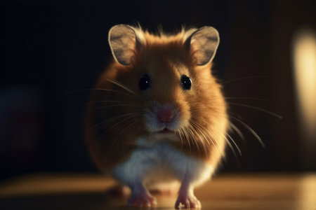 A cute hamster stands upright and looks excitedly into the camera created with generative AI technologyの素材