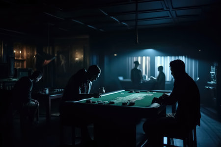 A dark room with the silhouettes of people gambling created with generative AI technologyの素材