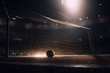 A football goal without a goalkeeper - a ball flying into the net - dark light from spotlights created with generative AI technologyの素材