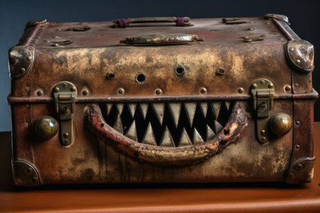 A evil old open suitcase with eyes and sharp teeth created with generative AI technologyの素材