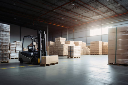 A forklift loading boxes and pallets in a large warehouse created with generative AI technologyの素材
