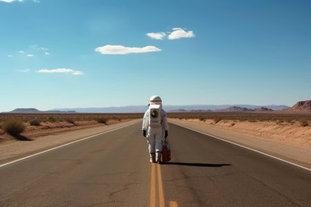 A hitchhiking astronaut on a lonely road created with generative AI technologyの素材