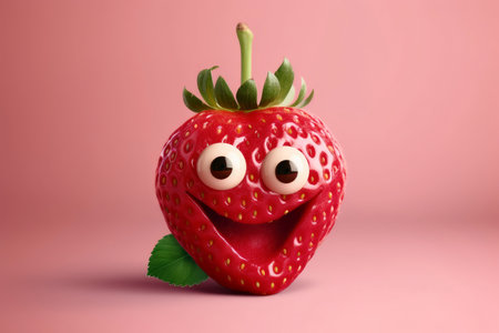 A happy smiling strawberry on a pastel background created with generative AI technologyの素材