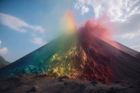A huge volcano seen from far away erupting rainbow colored colour powder created with generative AI technologyの素材