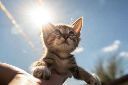 A human hand holds a small kitten in the air sunlight from the front blue sky created with generative AI technologyの素材