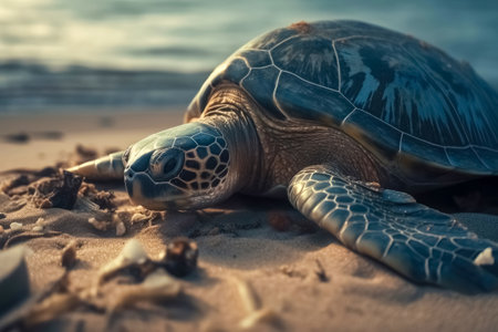 A large turtle drags itself onto a beach created with generative AI technologyの素材