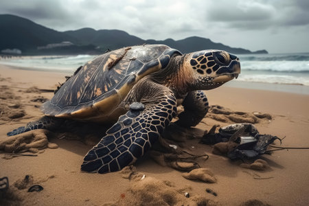 A large turtle drags itself onto a beach created with generative AI technologyの素材