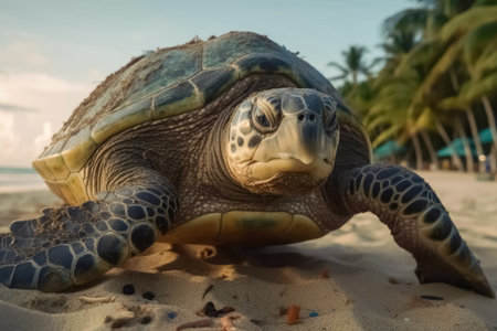 A large turtle drags itself onto a beach created with generative AI technologyの素材