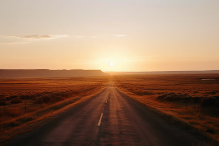 A lonely straight road in the American landscape at sunset created with generative AI technologyの素材