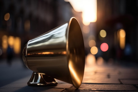A megaphone mde of gold in the background a street in a big city with soft bokeh created with generative AI technologyの素材