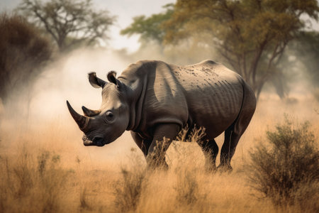 A rhino in the african savannah created with generative AI technologyの素材