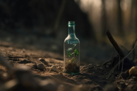 A single green seedling in a glass bottle on an apocalyptic dry ground created with generative AI technologyの素材