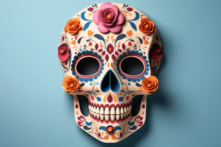 A skull for Dia de Los Muertos on light background created with generative AI technologyの素材