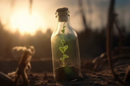 A single green seedling in a glass bottle on an apocalyptic dry ground created with generative AI technologyの素材