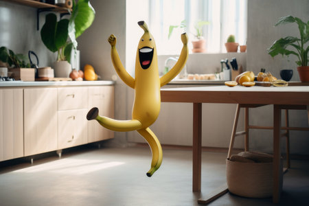 A smiling banana with arm and legs running on a kitchen table created with generative AI technologyの素材