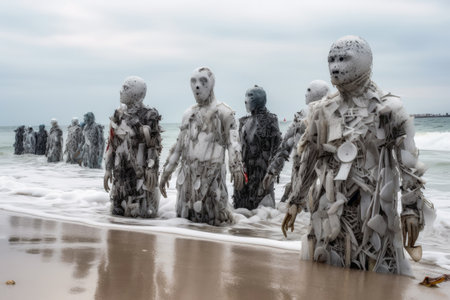 A swarm of evil plastic waste figures conquers the beach from the ocean created with generative AI technologyの素材