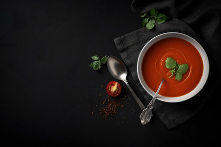 A top view on a delicious tomatoe soup with a spoon and some whip with copy space created with generative AI technologyの素材